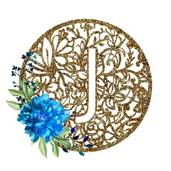 Lace circle golden letter J with blue flower peony and green leaves. Texture Monogram letter J. Printable design.