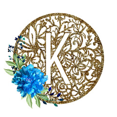 Lace circle golden letter K with blue flower peony and green leaves. Texture Monogram letter K. Printable design.