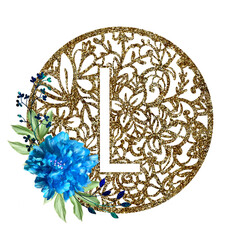 Lace circle golden letter L with blue flower peony and green leaves. Texture Monogram letter L. Printable design.