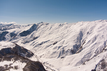 Caucasus mountains in the snow, aero view
