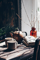 Homemade tea atmosphere . Brown background.
