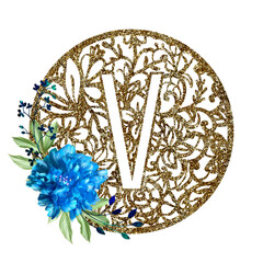 Lace circle golden letter V with blue flower peony and green leaves. Texture Monogram letter V. Printable design.