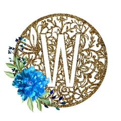 Lace circle golden letter W with blue flower peony and green leaves. Texture Monogram letter W. Printable design.