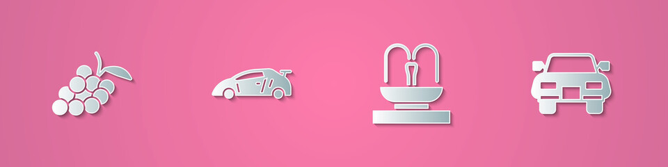Set paper cut Grape fruit, Sport racing car, Fountain and Car icon. Paper art style. Vector