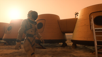 Astronaut on the planet Mars, making a detour around his base. Astronaut walking along the base. Small dust storm. The satellite dish sends data to the ground. Realistic 3D illustration © flashmovie