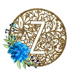 Lace circle golden letter Z with blue flower peony and green leaves. Texture Monogram letter Z. Printable design.