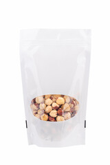 white bag with forest nut, hazelnuts, fried