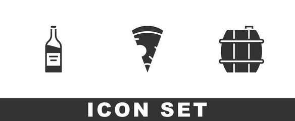 Set Bottle of wine, Slice pizza and Barrel for icon. Vector
