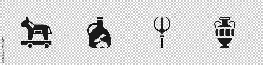 Sticker set trojan horse, bottle of olive oil, neptune trident and ancient amphorae icon. vector