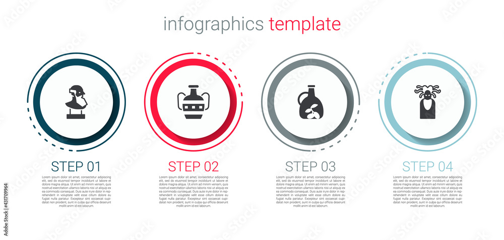 Sticker set ancient bust sculpture, amphorae, bottle of olive oil and medusa gorgon. business infographic te