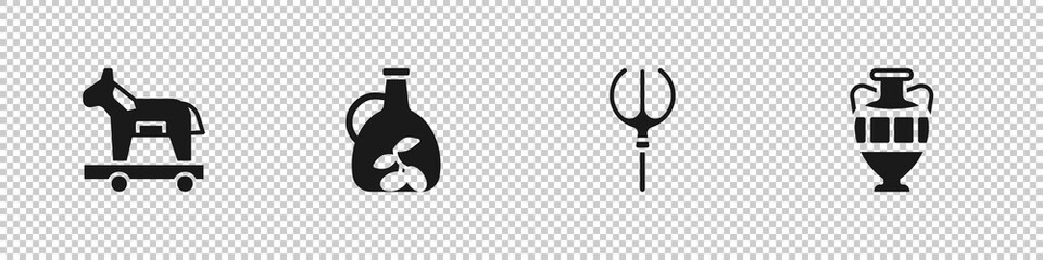 Set Trojan horse, Bottle of olive oil, Neptune Trident and Ancient amphorae icon. Vector