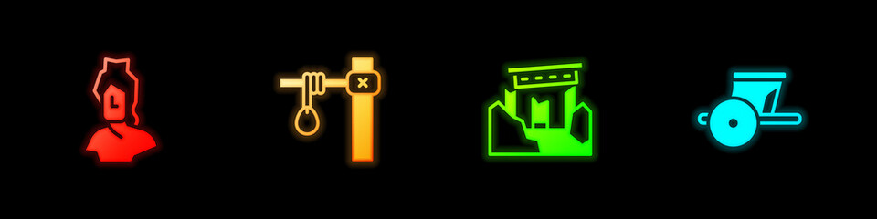 Set Ancient bust sculpture, Gallows, ruins and chariot icon. Vector