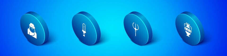 Set Isometric Socrates, Neptune Trident, Ancient amphorae and Medieval sword icon. Vector