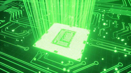CPU technology background. 3D illustration AI processor power. Colorful green digitizing process. Data transmission, futuristic industry. Upward data flow.