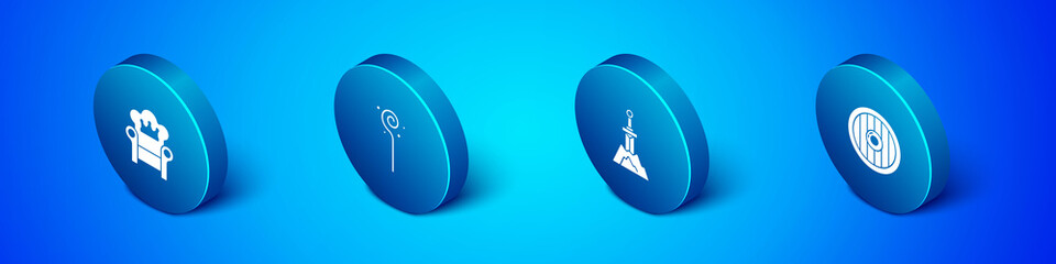 Set Isometric Medieval throne, Sword in the stone, Round wooden shield and Magic staff icon. Vector