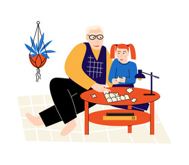 Grandfather and granddaughter playing home. Family pastime. Man and girl assembling puzzles.  Vector flat illustration