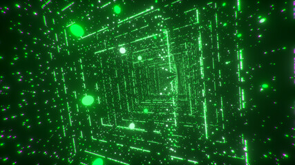 Digital technology tunnel. 3D illustration Big Data Digital square corridor with futuristic matrix. Binary code particle network. Motion and communication technology background. Flashing particles.