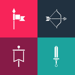 Set pop art Medieval sword, flag, bow and arrow and spear icon. Vector