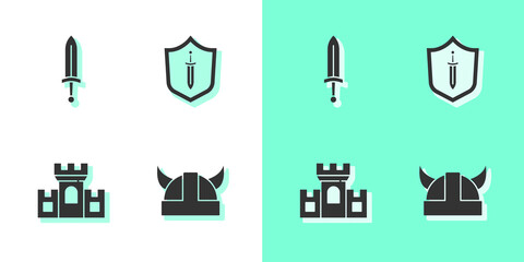 Set Viking in horned helmet, Medieval sword, Castle, fortress and shield with icon. Vector