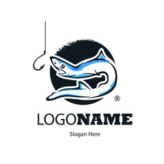 Logo in the form of a fish that swims on a hook.Logo for a fishing shop or fishing club.Isolated on white background