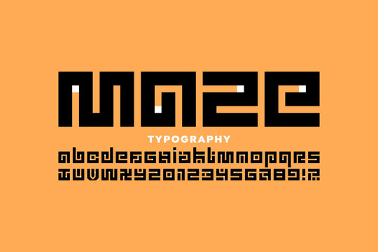 Maze puzzle style font design, labyrinth alphabet, letters and numbers