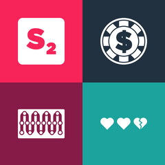 Set pop art Hearts for game, Board, Casino chip with dollar and Bingo icon. Vector