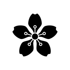 Cherry blossoms black glyph icon. Japanese sakura. Seasonal march flowers. Tree bloom. Chinese spring. Eastern flourish. Korean culture. Silhouette symbol on white space. Vector isolated illustration