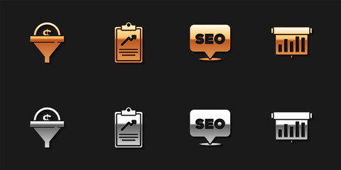 Set Lead management, Clipboard with graph chart, SEO optimization and Board icon. Vector