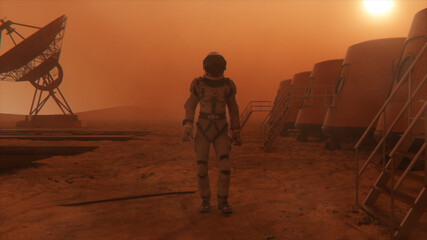 Astronaut on the planet Mars, making a detour around his base. Astronaut walking along the base. Small dust storm. The satellite dish sends data to the ground. 3D illustration