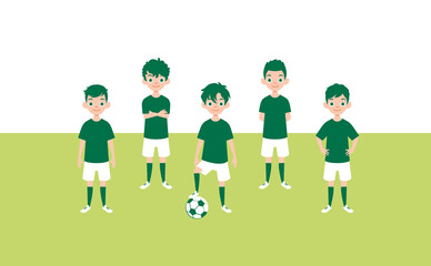 Children's football team young soccer players green field vector	
