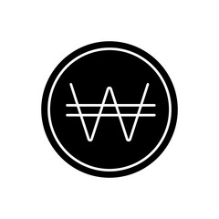 Korean won black glyph icon. Eastern coin. Asian currency. Finance and economy. Pay with cash, budget. Korean culture. Silhouette symbol on white space. Vector isolated illustration
