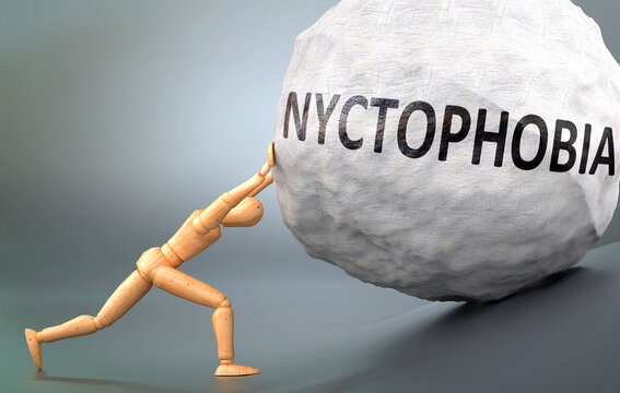 Nyctophobia and painful human condition, pictured as a wooden human figure pushing heavy weight to show how hard it can be to deal with Nyctophobia in human life, 3d illustration