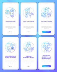 Copyright law protection onboarding mobile app page screen with concepts set. Selling works copies walkthrough 3 steps graphic instructions. UI, UX, GUI vector template with linear color illustrations