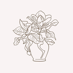 Homeflowers Botanical logo outline drawing. Minimal floral vintage style. Doodle plant vector illustration. Pure nature organic brush. Line drawing. Botanical floral badge. Eco product emblem.