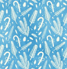 Seamless Christmas pattern with fir branches in lollipops on watercolor background. Texture for fabric, wrapping paper, postcards.