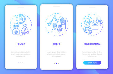 Copyright infringement types onboarding mobile app page screen with concepts. Freebooting, thief walkthrough 3 steps graphic instructions. UI, UX, GUI vector template with linear color illustrations