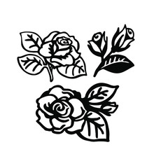 Three options for the silhouette of a rose flower with buds and leaves