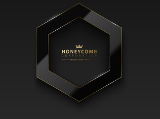 Vector black hexagon. Glossy luxury dark and golden line frame. Honeycomb shape border for photo, picture, congratulations, logo header. Realistic glass frame, reflection gold edge black background