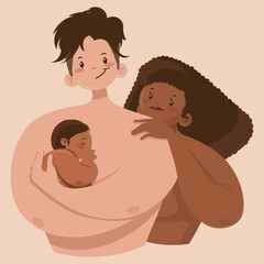 A complete multicultural family with an adorable baby in his father's arms. Vector illustration. Father's day. Family day. A graphic resource for postcards and web design.