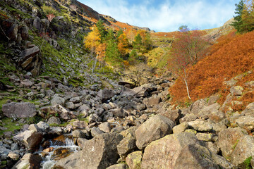 Rushing waters of Stickle Ghyll, located in the Lake District, Cumbria, UK