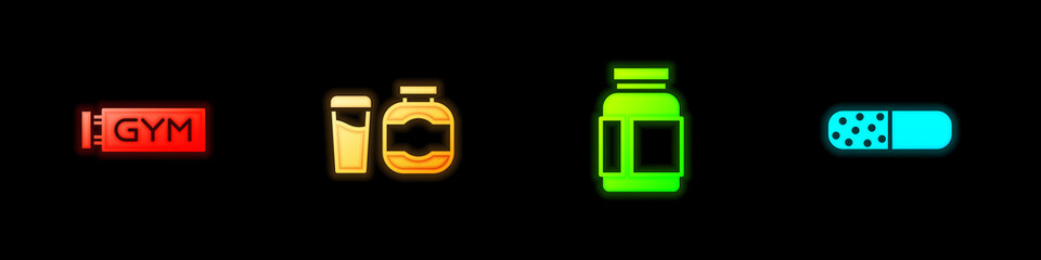 Set Location gym, Sports nutrition, and Vitamin pill icon. Vector