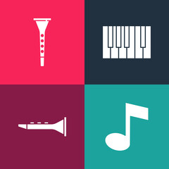Set pop art Music note, tone, Clarinet, Grand piano and icon. Vector