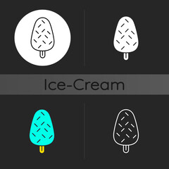 Vanilla ice cream with sprinkles dark theme icon. Adding texture to frozen chocolate dessert. Milk chocolate flavor. Linear white, simple glyph and RGB color styles. Isolated vector illustrations