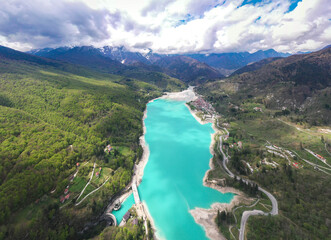 Fototapeta na wymiar Barcis Lake in a panoramic aerial view from above during sunny day at Valcellina