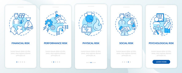 Purchase threat features onboarding mobile app page screen with concepts. Financial, social risks walkthrough 5 steps graphic instructions. UI, UX, GUI vector template with linear color illustrations