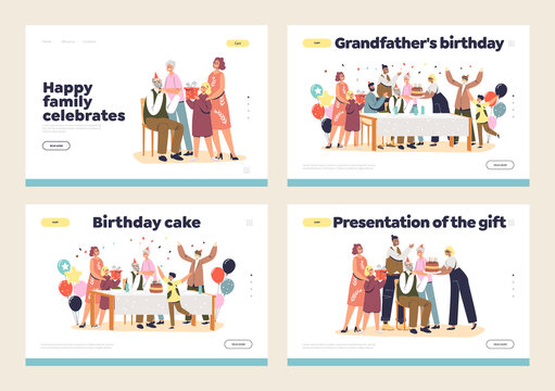 Grandfather birthday family celebration with relatives gather, cake and gifts set of landing pages