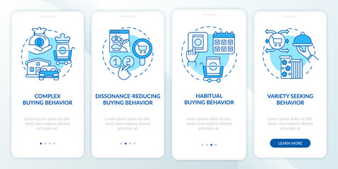 Buyer behavior types onboarding mobile app page screen with concepts. Habitual buying behaviour walkthrough 4 steps graphic instructions. UI, UX, GUI vector template with linear color illustrations