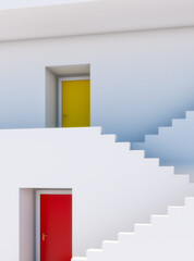 Minimalistic modern Architecture. Building with red and yellow doors. 3D Rendering