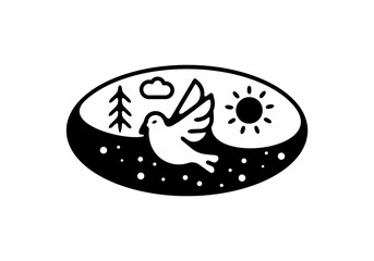Black line art illustration of bird in oval shape