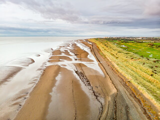 Aerial view of Allonby village beach in Allerdale district in Cumbria, UK